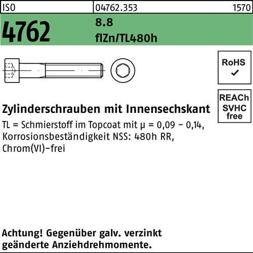 Zylinderschraube ISO 4762 Innen-6kt M6x12 88 flZnnc 480h-L 500St - VPE: 500