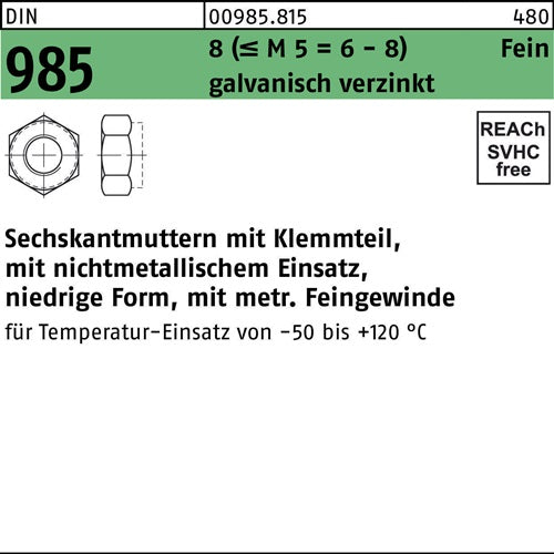 Sechskantmutter DIN 985 mKlemmteil M 12 x 1 8 (=M 5 = 6/8 ) galvanisch verzinkt 100 Stück