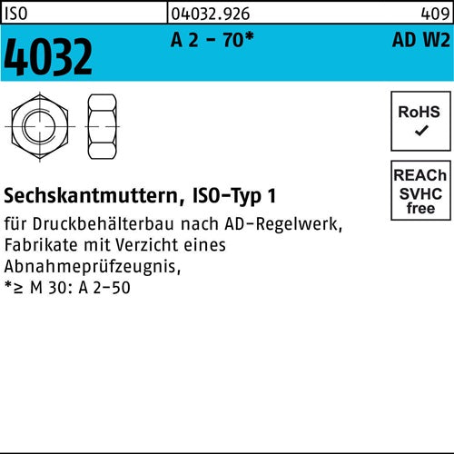 Sechskantmutter ISO 4032 M10 A 2 - 70 AD-W2 100 Stück - VPE: 100