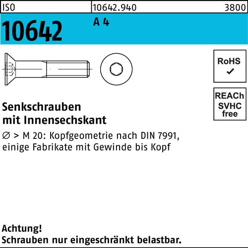 Senkschraube ISO 10642 Innensechskant M 10 x 120 A 4 50 Stück