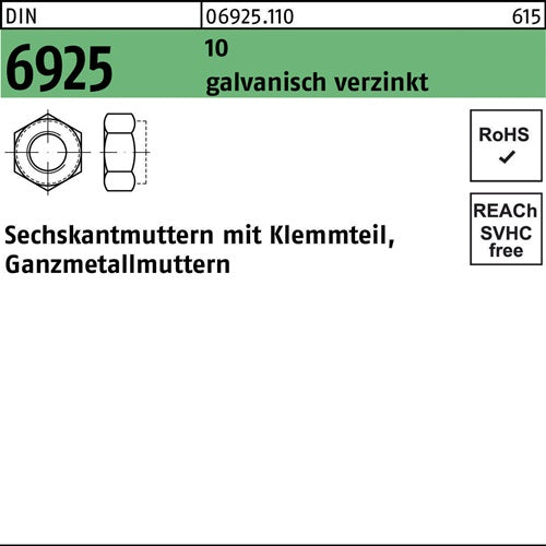 Sechskantmutter DIN 6925 Klemmteil M12 10 galvverz 100 Stück - VPE: 100