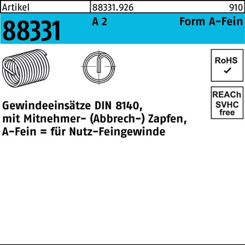 Gewindeeinsatz R 88331 FormA-Fein M12x125x24 A 2 15 Stück AMECOIL - VPE: 15