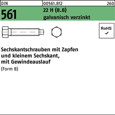 Sechskantschraube DIN 561 mZapfen BM 10 x 20 22 H (88) galvanisch verzinkt 100 Stück