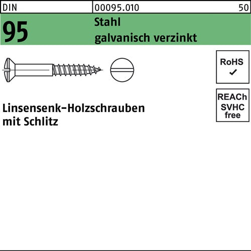 Holzschraube DIN 95 Linsensenkkopf Schlitz 2 x 10 Stahl galvanisch verzinkt 500 Stück
