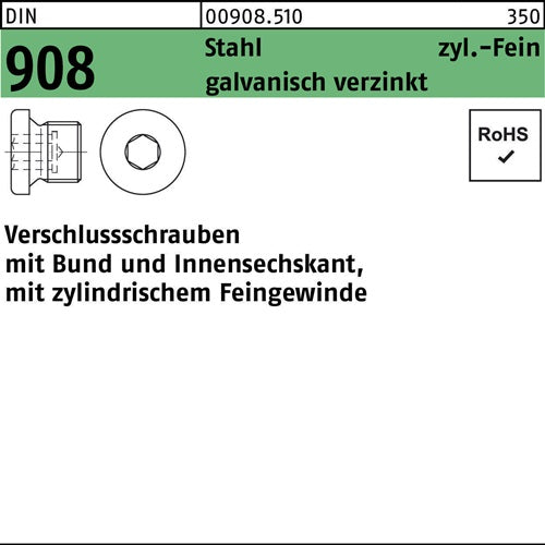 Verschlußschraube DIN 908 mBund/Innen-6-kant M 14 x 15 Stahl galvanisch verzinkt 50 Stück