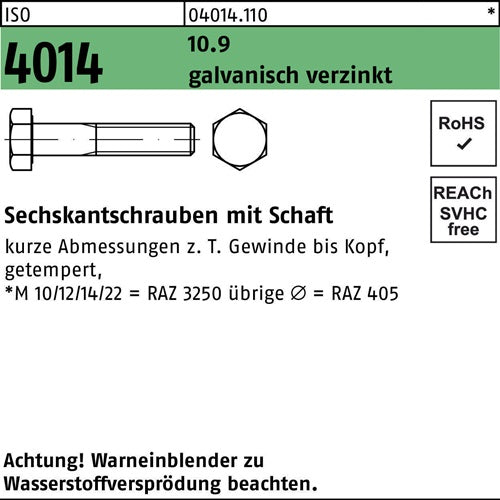 Sechskantschraube ISO 4014 mSchaft M 18 x 110 109 galvanisch verzinkt 25 Stück