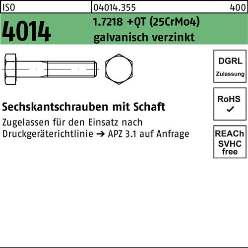 Sechskantschraube ISO 4014 mSchaft M 27 x 240 17218 +QT (25CrMo4) galvanisch verzinkt 1 Stück