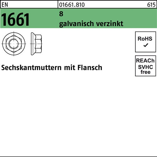 Sechskantmutter EN 1661 mFlansch M 10 8 galvanisch verzinkt 500 Stück