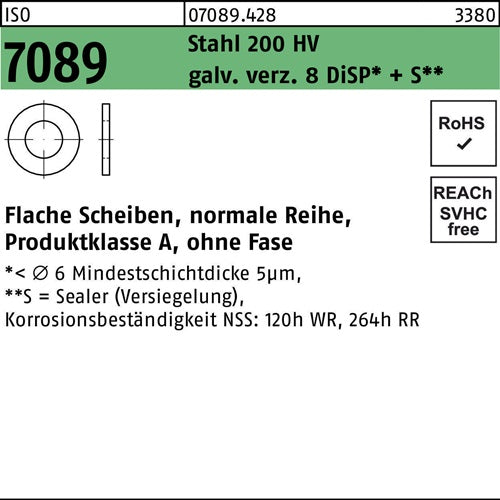 Unterlegscheibe ISO 7089 oFase 5 Stahl 200 HV galvverz 8 DiSP+S 1000 Stück - VPE: 1000