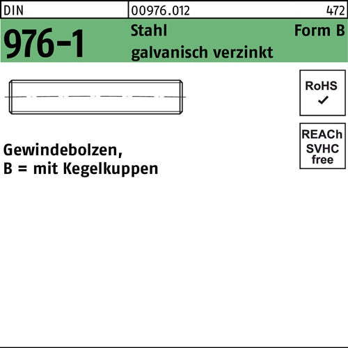 Gewindebolzen DIN 976 mKegelkuppen BM 12 x 100 Stahl galvanisch verzinkt 50 Stück