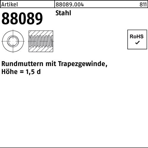Rundmutter R 88089 mTrapezgewinde TR 14 x 4 -36 Stahl Höhe=15d 25 Stück