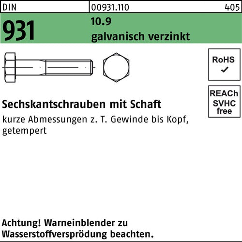 Sechskantschraube DIN 931 mSchaft M 20 x 220 109 galvanisch verzinkt 5 Stück