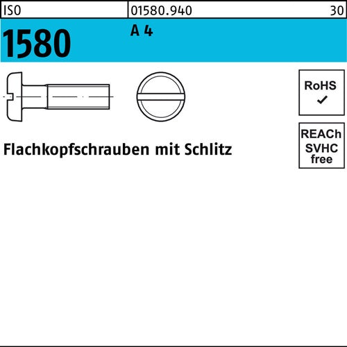 Flachkopfschraube ISO 1580 mSchlitz M 3 x 30 A 4 100 Stück