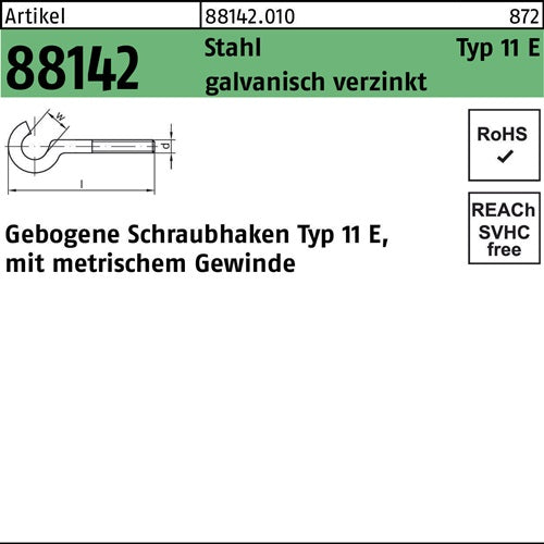 Schraubhaken R 88142 Typ 11 E gebogen M8x80 D 22 Stahl galvverz 100St - VPE: 100