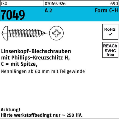 Blechschraube ISO 7049 LIKO Spitze/PH C 63x 50-H A 2 250 Stück - VPE: 250