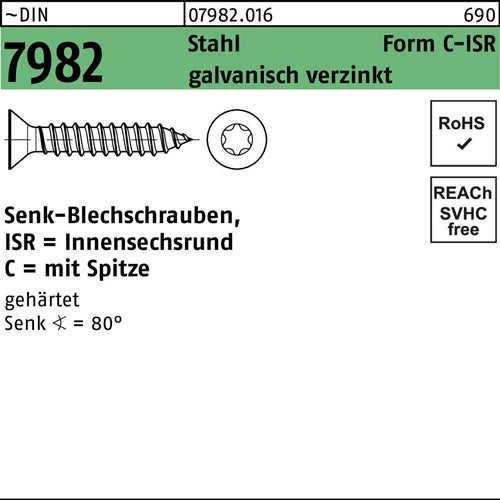 Senkblechschraube DIN 7982 ISR/Spitze 63x90 -C-T30 Stahl galvverz 250St - VPE: 250