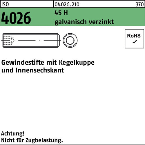 Gewindestift ISO 4026 Kegelkuppe/Innen-6kt M4x20 45 H galvverz 500St - VPE: 500