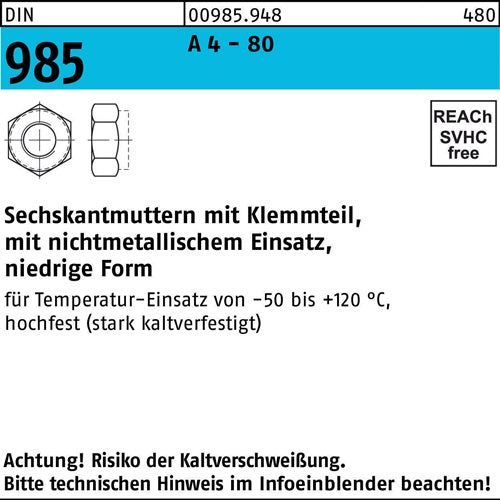 Sechskantmutter DIN 985 mKlemmteil M 6 A 4 - 80 1000 Stück