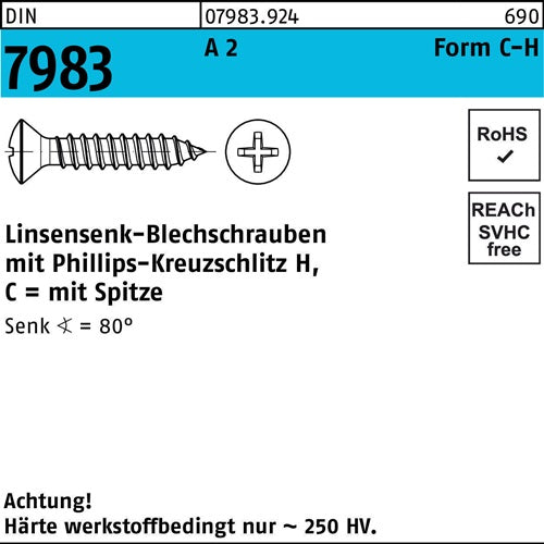 Linsensenkblechschraube DIN 7983 PH C 39x 32-H A 2 100 Stück - VPE: 100