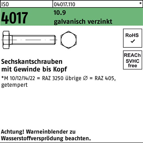 Sechskantschraube ISO 4017 VG M 10 x 40 109 galvanisch verzinkt 100 Stück BUFAB