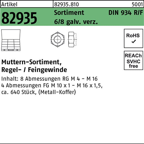 Muttersortiment DIN 934 640tlg 8 galvverz 1 Stück