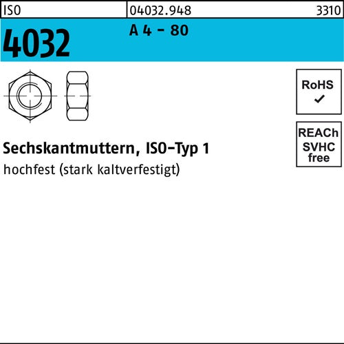 Sechskantmutter ISO 4032 M8 A 4 - 80 200 Stück - VPE: 200