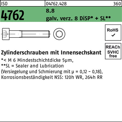 Zylinderschraube ISO 4762 Innen-6kt M4x6 88 galvverz 8 DiSP+SL 500St - VPE: 500