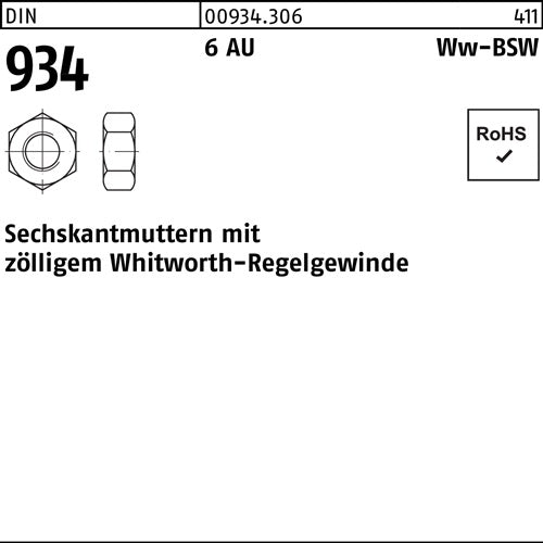 Sechskantmutter DIN 934 WW 1 1/2 6 Automatenstahl 1 Stück