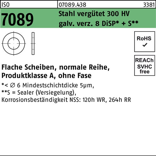 Unterlegscheibe ISO 7089 oFase 8 Stahl 200 HV galvverz 8 DiSP+S 200 Stück - VPE: 200