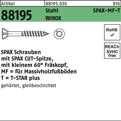 Schraube R 88195 SEKO SPAX-MF-T 35x45/25-T10 Stahl galvanisch verzinkt WIROX 500 Stück SPAX