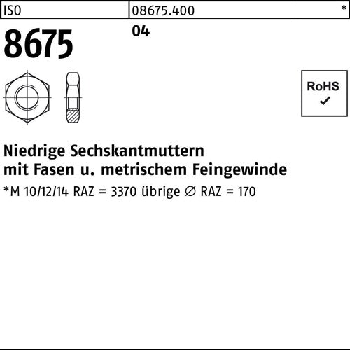 Sechskantmutter ISO 8675 Fasen M12x 125 Automatenstahl 100 Stück - VPE: 100