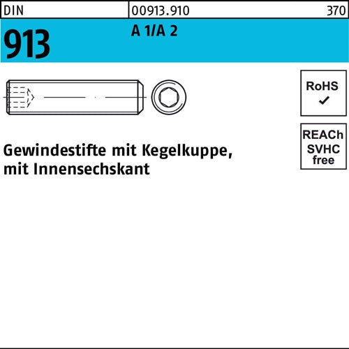 Gewindestift DIN 913 Kegelkuppe/Innen-6kt M20x 60 A 1/A 2 10 Stück - VPE: 10
