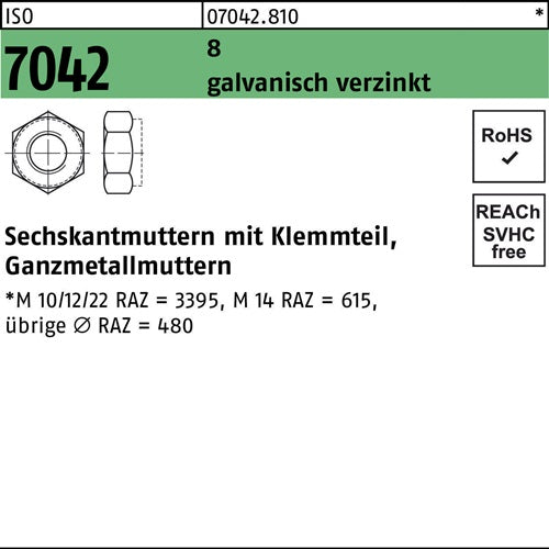Sechskantmutter ISO 7042 Klemmteil M20 8 galvverz 50 Stück - VPE: 50
