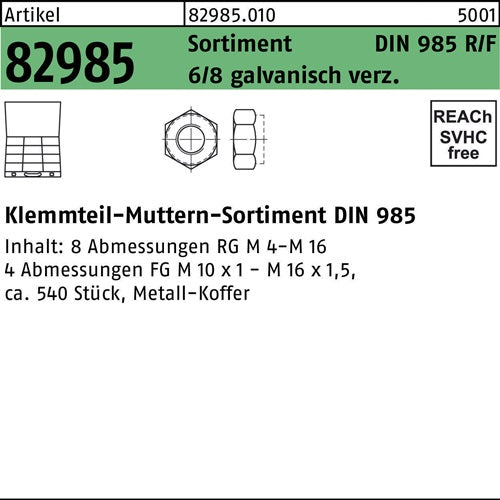 Sicherungsmuttersortiment DIN 985 540tlg Stahl galvverz 1 Stück