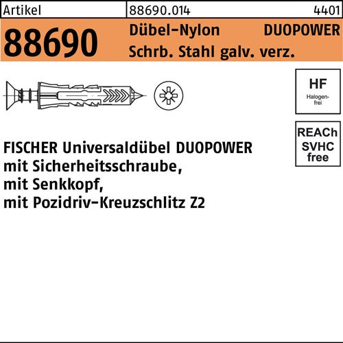 Dübel R 88690 SEKO-Schr DUOPOWER 6x30 S Schrverz/Dübel-Nylon 50St FISCHER - VPE: 50