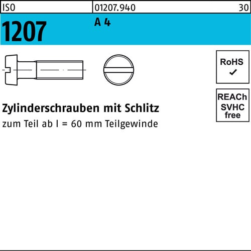 Zylinderschraube ISO 1207 mSchlitz M 25 x 10 A 4 200 Stück