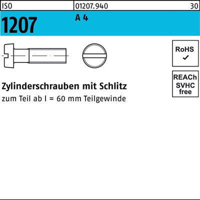 Zylinderschraube ISO 1207 mSchlitz M 5 x 80 A 4 100 Stück