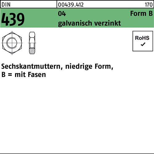 Sechskantmutter DIN 439 Form B BM 3 Automatenstahl galvanisch verzinkt 1000 Stück
