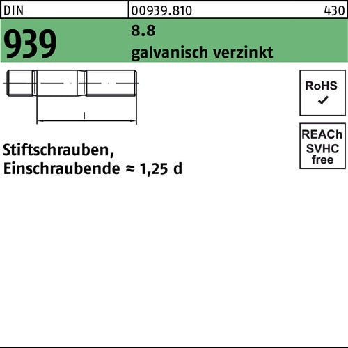 Stiftschraube DIN 939 M 20 x 100 88 galvanisch verzinkt Einschraubende=125d 10 Stück