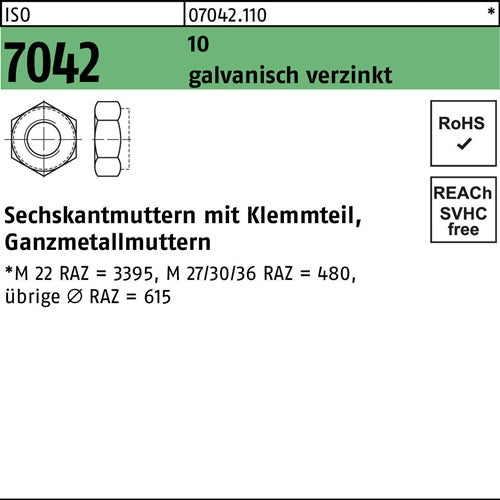 Sechskantmutter ISO 7042 Klemmteil M24 10 galvverz 25 Stück - VPE: 25