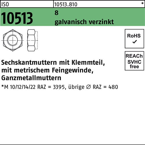 Sechskantmutter ISO 10513 mKlemmteil M14x15 8 galvverz 100St - VPE: 100