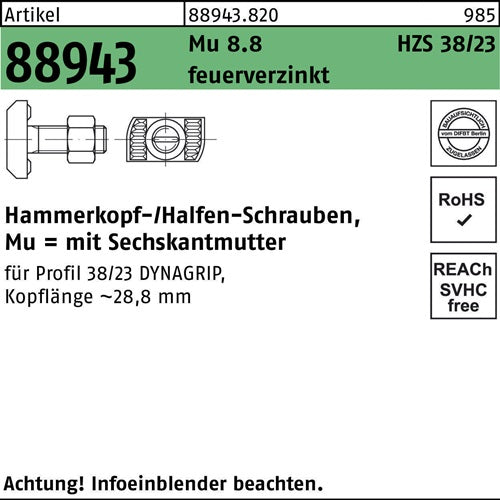 Hammerkopfschraube R 88943 6-ktmutter M16x60 Mu 88 feuerverz 25St HALFEN - VPE: 25