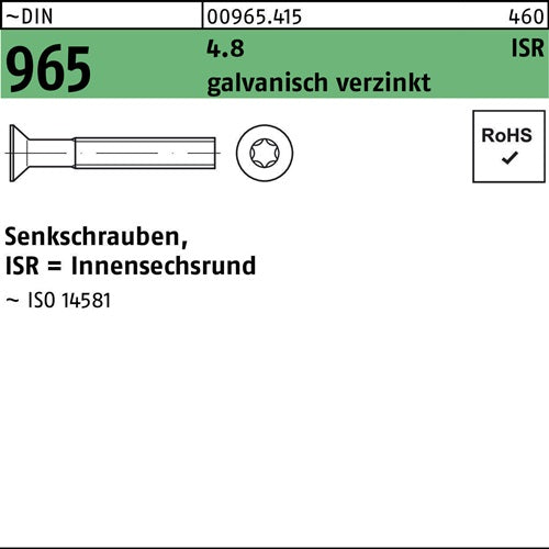 Senkschraube DIN 965 Innensechsrund M 6 x 60 -T30 48 galvanisch verzinkt 200 Stück