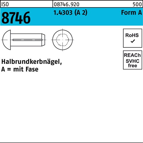 Halbrundkerbnagel ISO 8746 Fase 2x 3 14303 (A 2) 100 Stück - VPE: 100