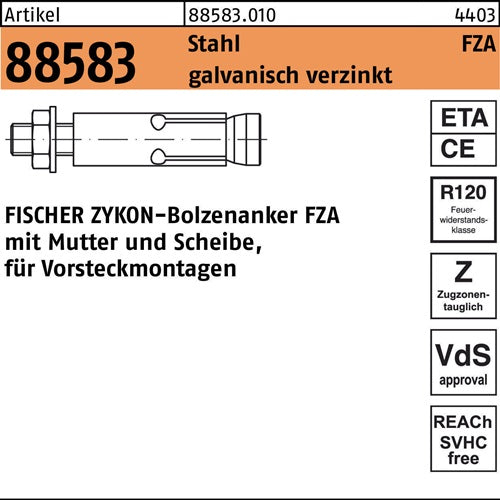 Bolzenanker R 88583 ZYKON FZA 14x 40 M10/25 Stahl galvverz 25St FISCHER - VPE: 25
