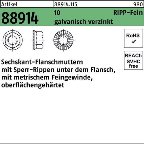 Sechskantflanschmutter R 88914 Sperr-Ripp M14x15 10 galvverz 100St - VPE: 100