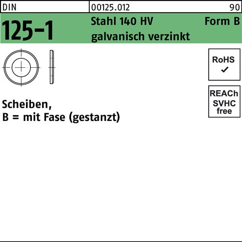 Unterlegscheibe DIN 125-1 Form B 43 x 9 x08 Stahl 140 HV galv verzinkt gestanzt 1000 Stück