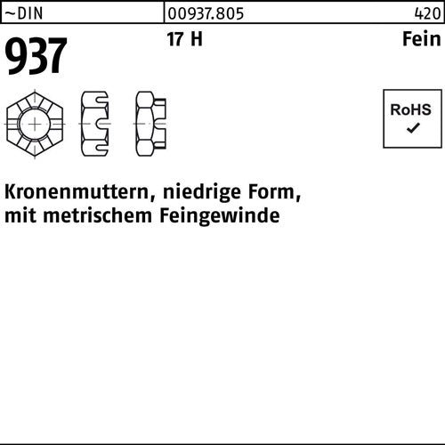 Kronenmutter DIN 937 niedrige Form M 16 x 15 17 H mFeingewinde 50 Stück