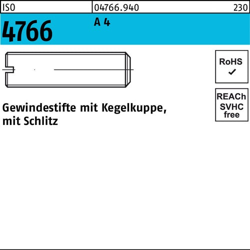 Gewindestift ISO 4766 Kegelkuppe/Schlitz M6x 30 A 4 25 Stück - VPE: 25