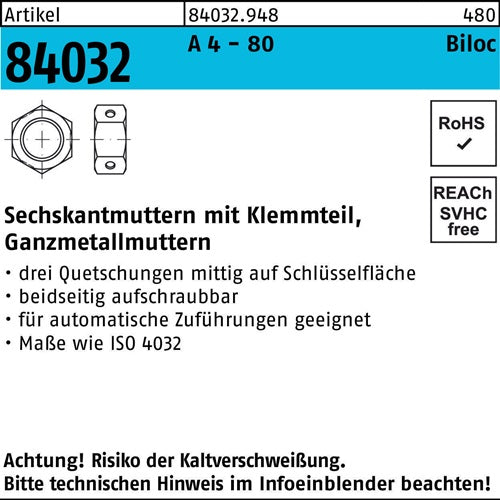 Sechskantmutter R 84032 Biloc Klemmteil M8 A 4 - 80 1000 Stück - VPE: 1000